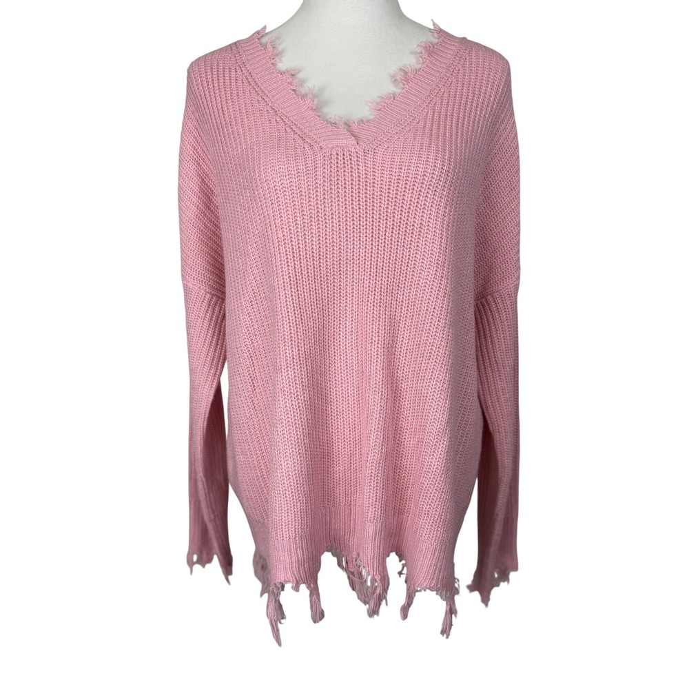 Jolie & Joy Women Sweater 2X Pink Distressed V-Neck Open Back Knit X4E0377S